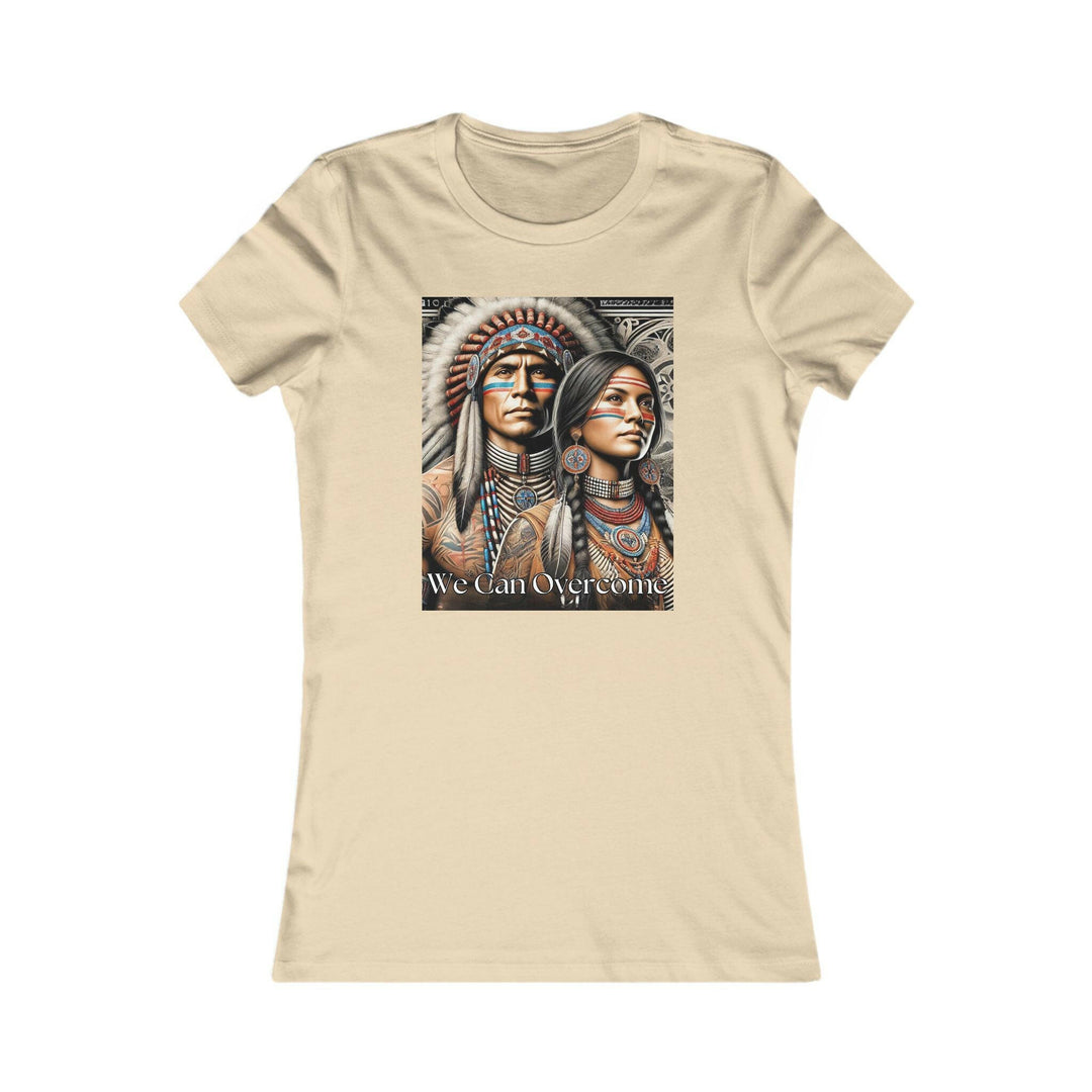 Soft Cream T-shirt with a striking illustration of a Native American man and woman, titled 'We Can Overcome.' A tribute to heritage and cultural pride.