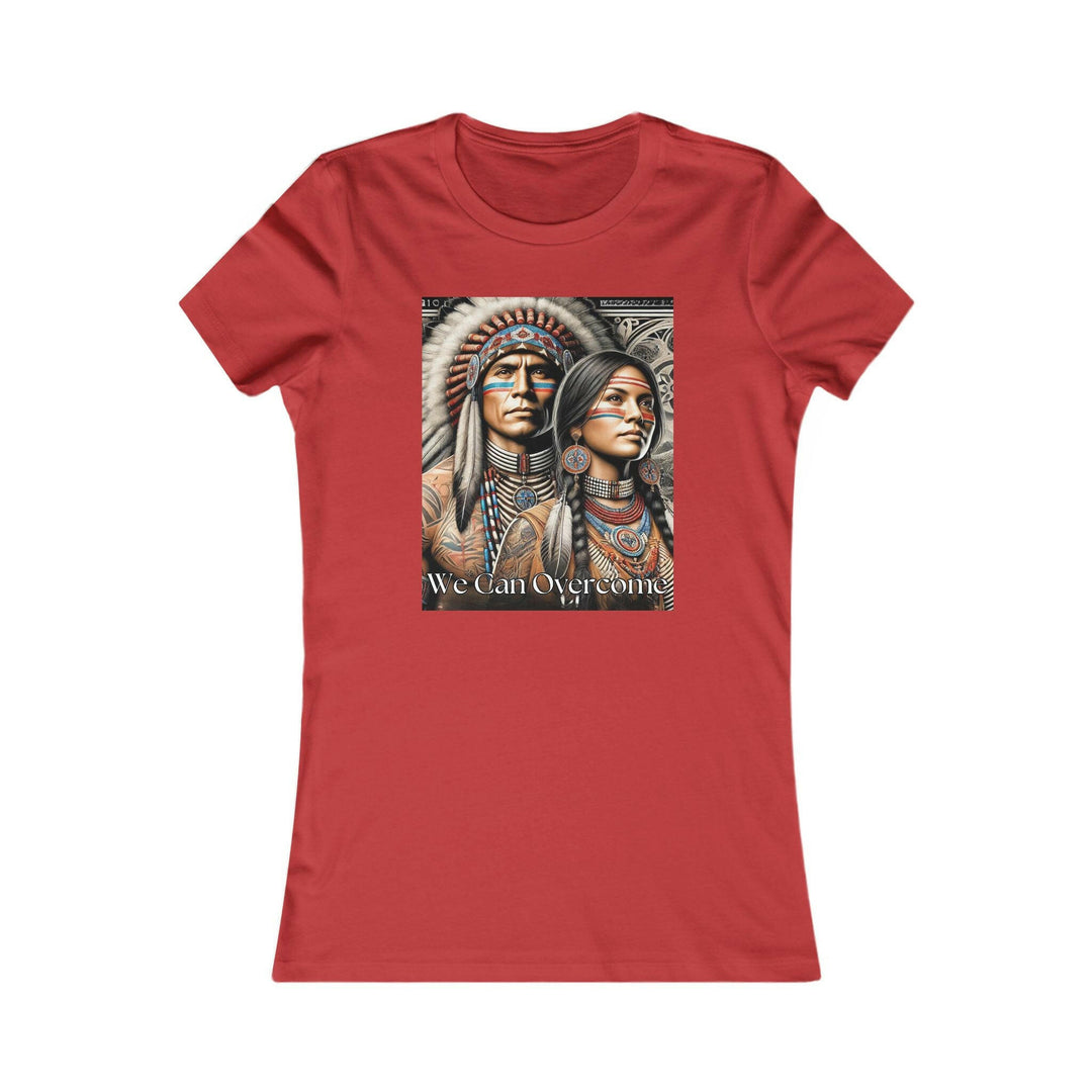 Red T-shirt with a striking illustration of a Native American man and woman, titled 'We Can Overcome.' A tribute to heritage and cultural pride.