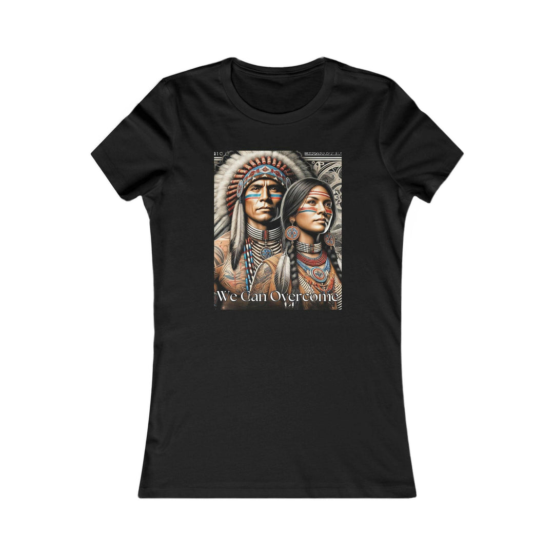 Black T-shirt with a striking illustration of a Native American man and woman, titled 'We Can Overcome.' A tribute to heritage and cultural pride.