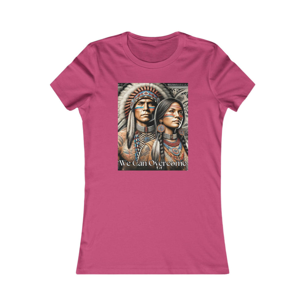 Berry T-shirt with a striking illustration of a Native American man and woman, titled 'We Can Overcome.' A tribute to heritage and cultural pride.