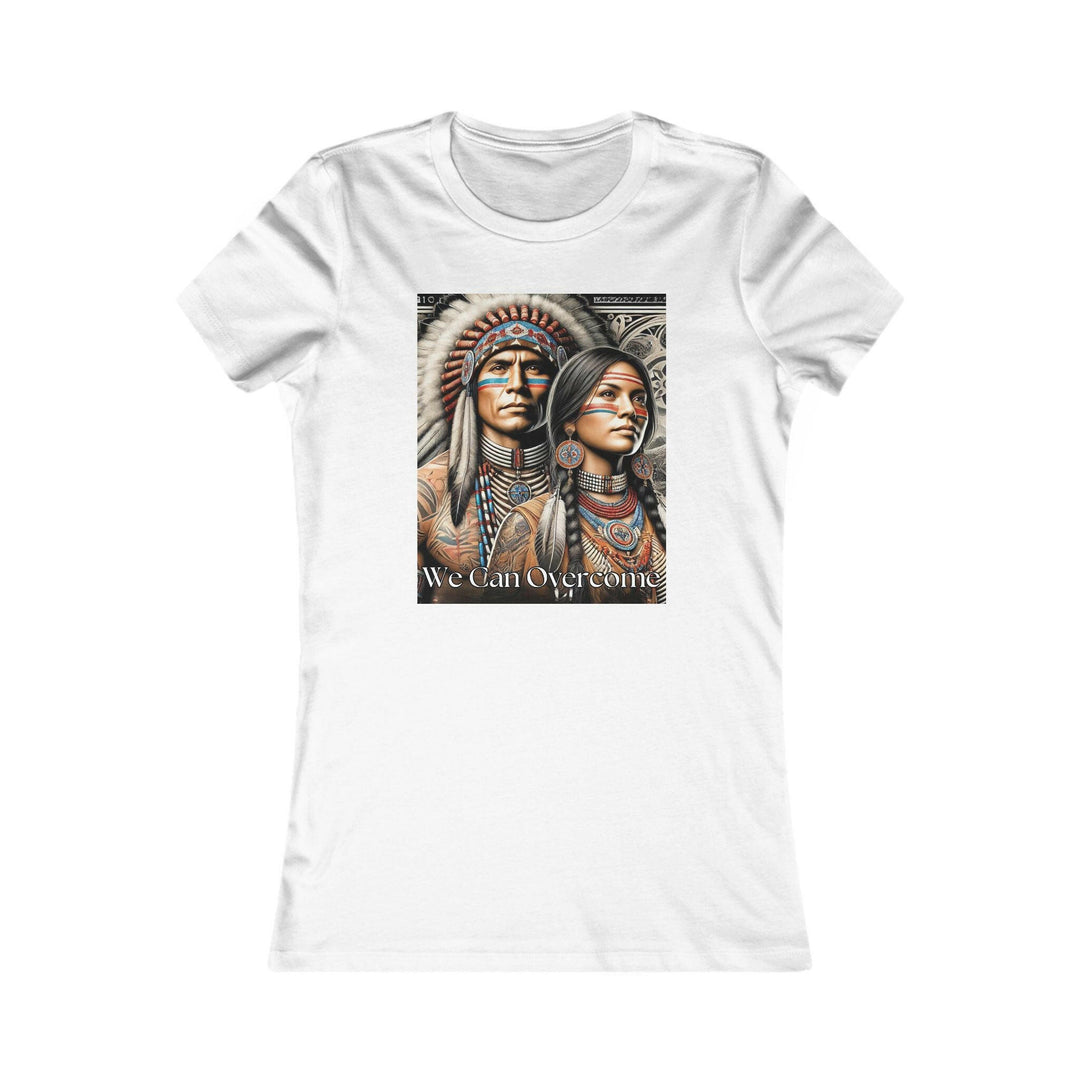 White T-shirt with a striking illustration of a Native American man and woman, titled 'We Can Overcome.' A tribute to heritage and cultural pride.