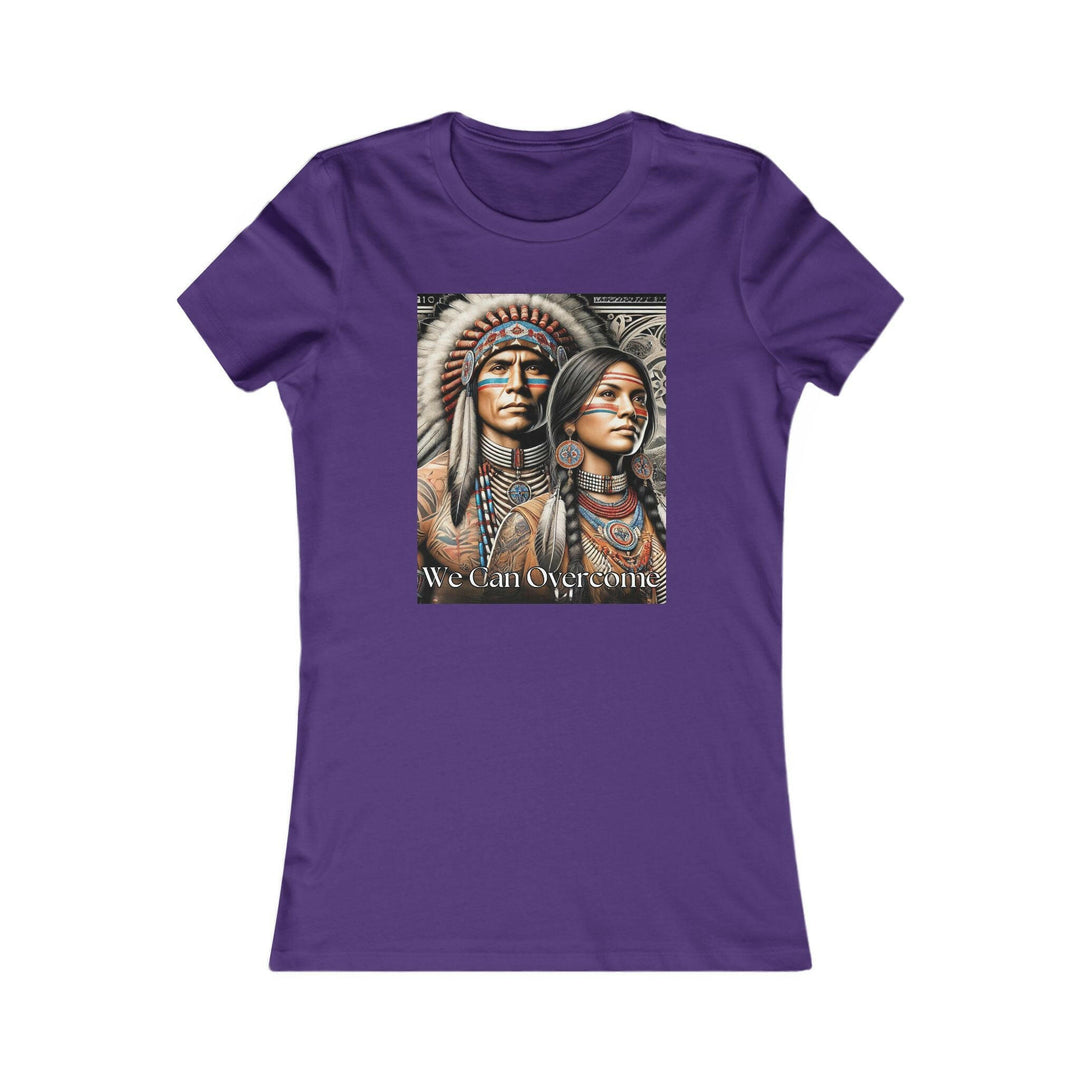 Purple T-shirt with a striking illustration of a Native American man and woman, titled 'We Can Overcome.' A tribute to heritage and cultural pride.