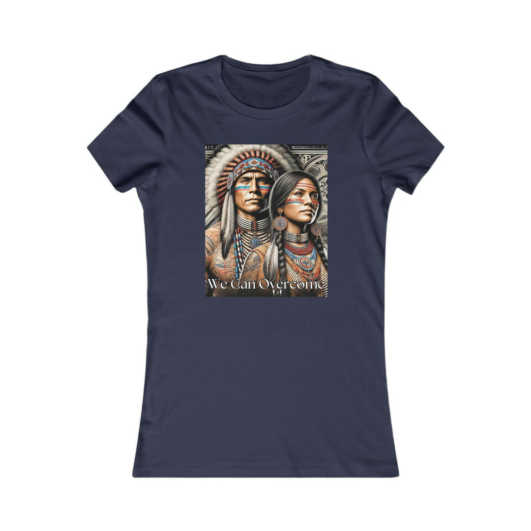 Navy Blue T-shirt with a striking illustration of a Native American man and woman, titled 'We Can Overcome.' A tribute to heritage and cultural pride.