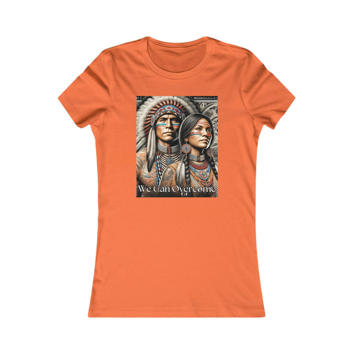 Orange T-shirt with a striking illustration of a Native American man and woman, titled 'We Can Overcome.' A tribute to heritage and cultural pride.