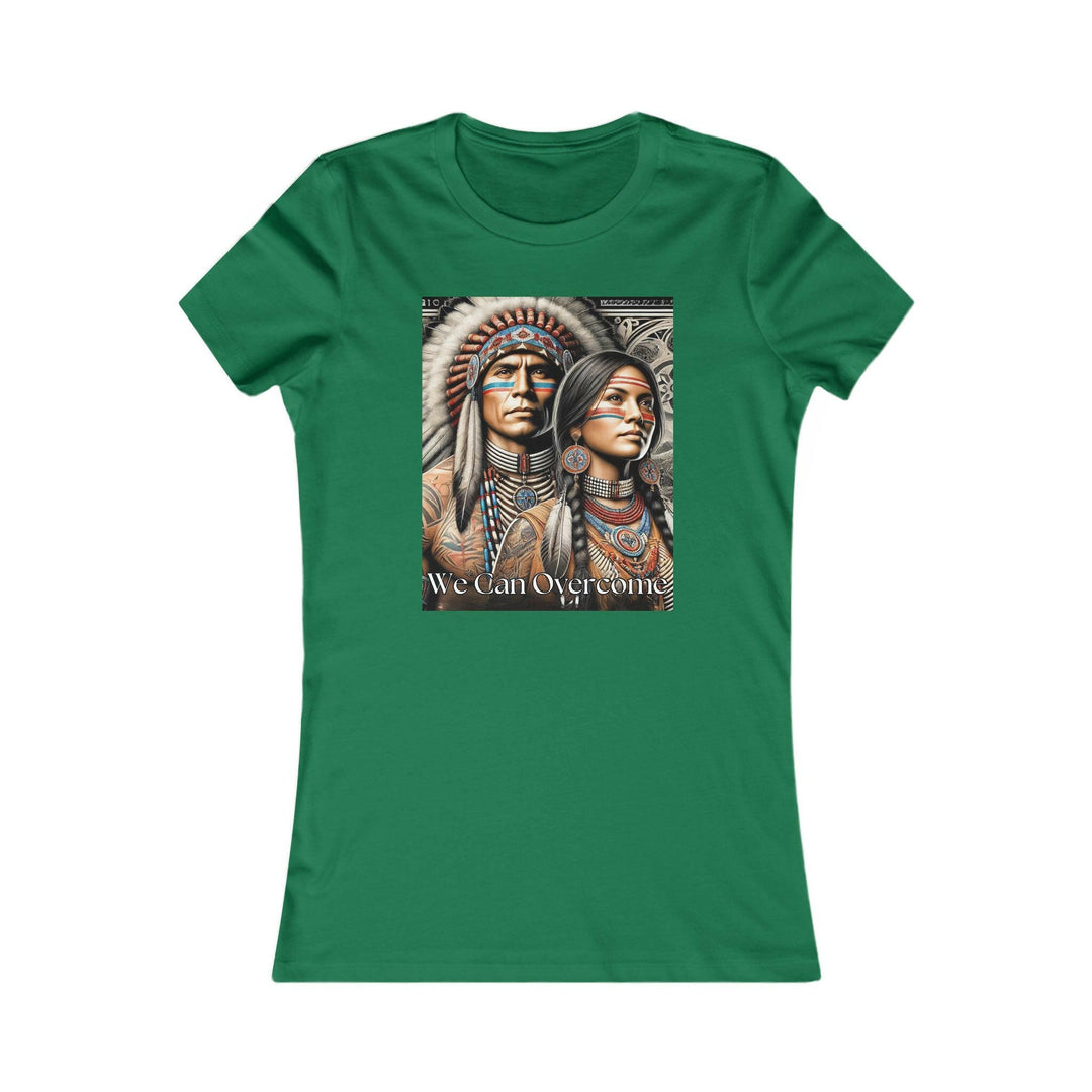 Kelly Green T-shirt with a striking illustration of a Native American man and woman, titled 'We Can Overcome.' A tribute to heritage and cultural pride.