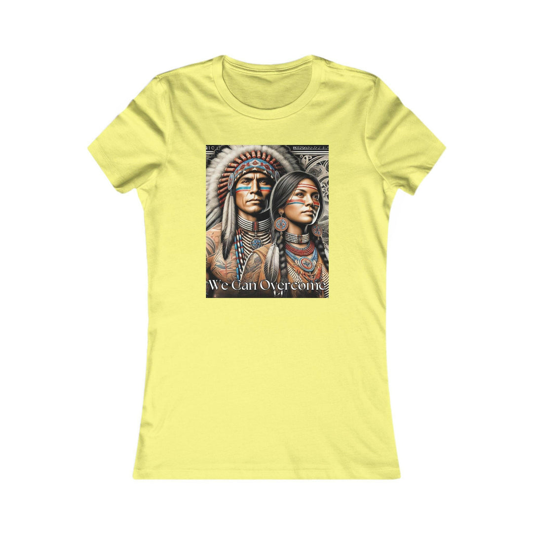 Yellow T-shirt with a striking illustration of a Native American man and woman, titled 'We Can Overcome.' A tribute to heritage and cultural pride.