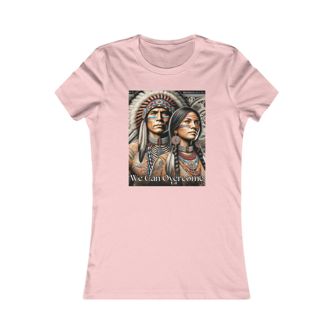 Pink T-shirt with a striking illustration of a Native American man and woman, titled 'We Can Overcome.' A tribute to heritage and cultural pride.