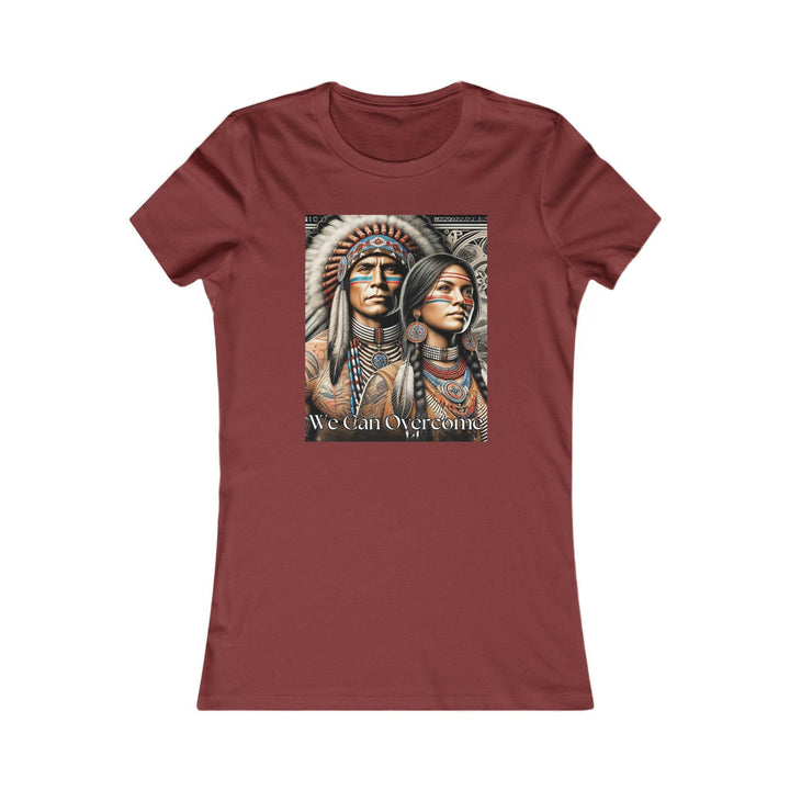 Cardinal Red T-shirt with a striking illustration of a Native American man and woman, titled 'We Can Overcome.' A tribute to heritage and cultural pride.