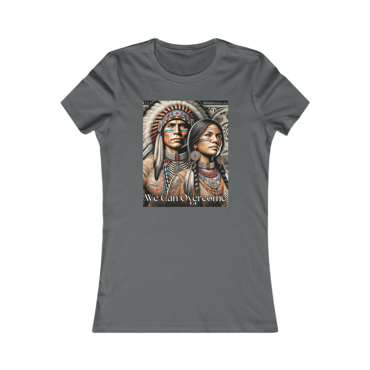 Asphalt Grey T-shirt with a striking illustration of a Native American man and woman, titled 'We Can Overcome.' A tribute to heritage and cultural pride.