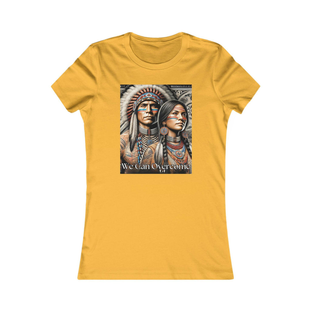 Gold T-shirt with a striking illustration of a Native American man and woman, titled 'We Can Overcome.' A tribute to heritage and cultural pride.