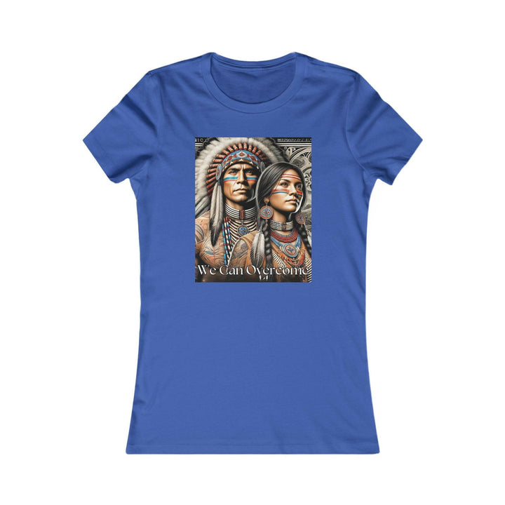 True Royal Blue T-shirt with a striking illustration of a Native American man and woman, titled 'We Can Overcome.' A tribute to heritage and cultural pride.