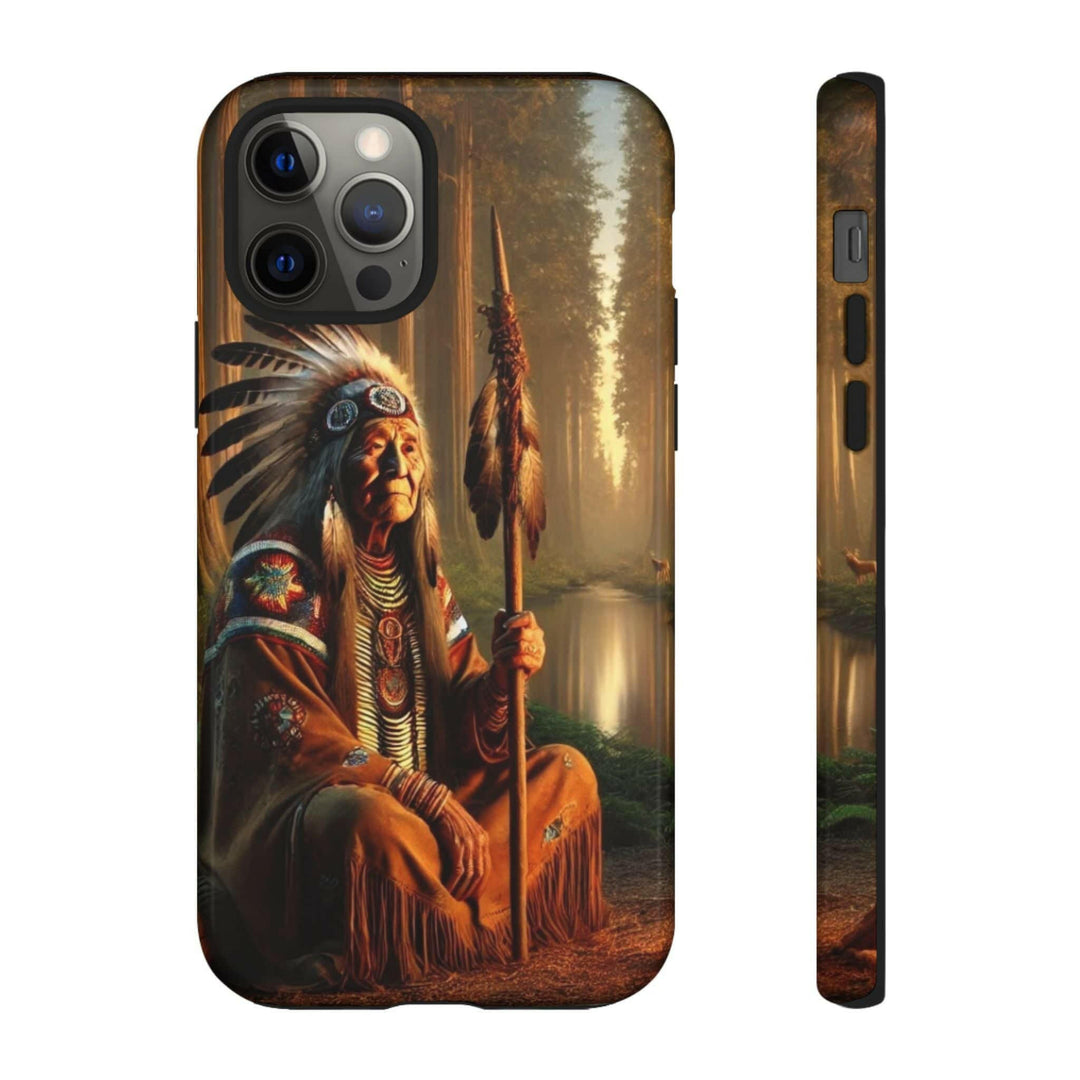 Phone case featuring a serene Native American elder holding a staff by a tranquil river. Detailed art for heritage appreciation.