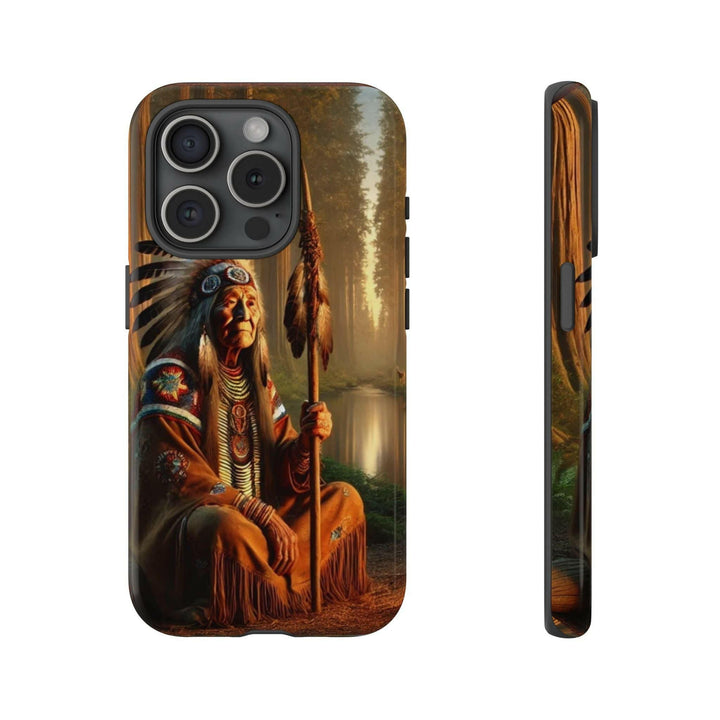 Phone case featuring a serene Native American elder holding a staff by a tranquil river. Detailed art for heritage appreciation.