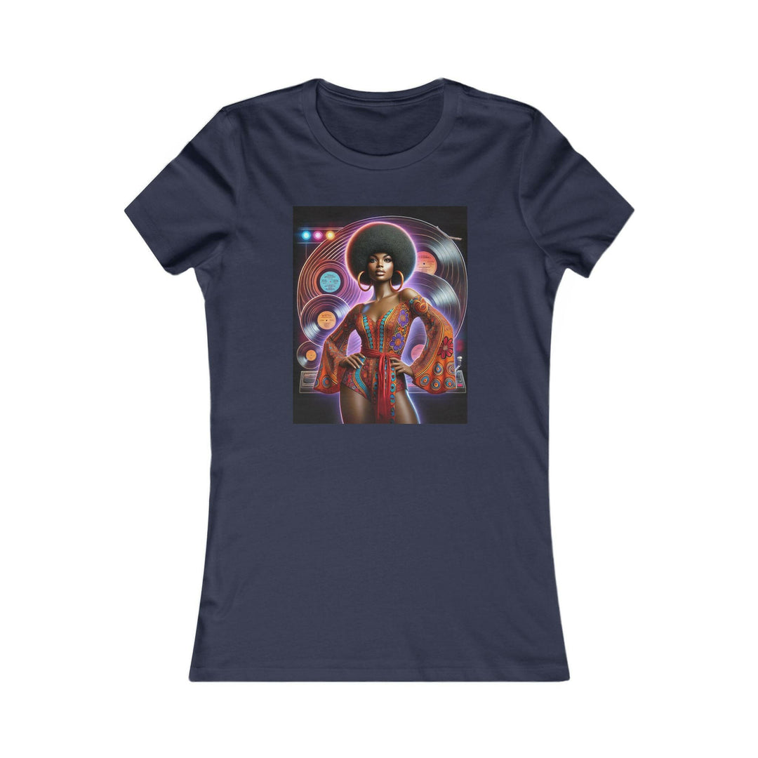 Navy Blue T-shirt featuring a vibrant, retro-inspired illustration of a stylish woman in disco attire. Ideal for lovers of vintage style and Afrocentric fashion.