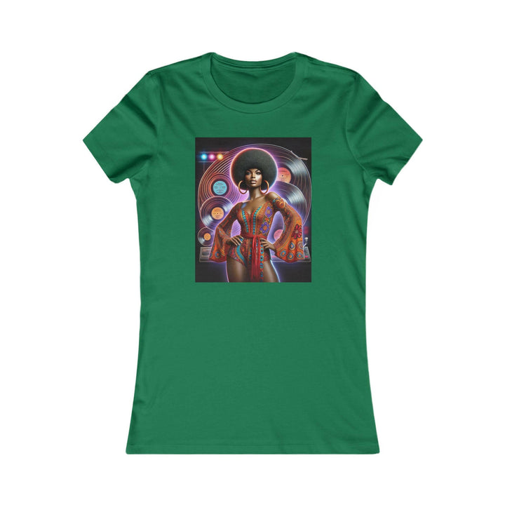 Kelly Green T-shirt featuring a vibrant, retro-inspired illustration of a stylish woman in disco attire. Ideal for lovers of vintage style and Afrocentric fashion.