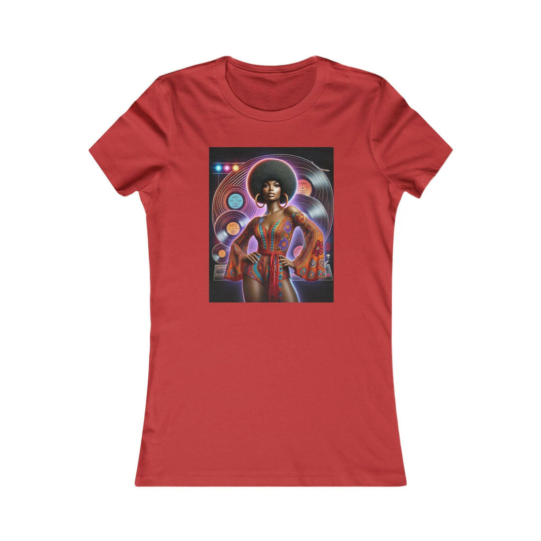 Red T-shirt featuring a vibrant, retro-inspired illustration of a stylish woman in disco attire. Ideal for lovers of vintage style and Afrocentric fashion.