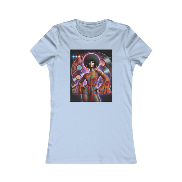 Baby Blue T-shirt featuring a vibrant, retro-inspired illustration of a stylish woman in disco attire. Ideal for lovers of vintage style and Afrocentric fashion.