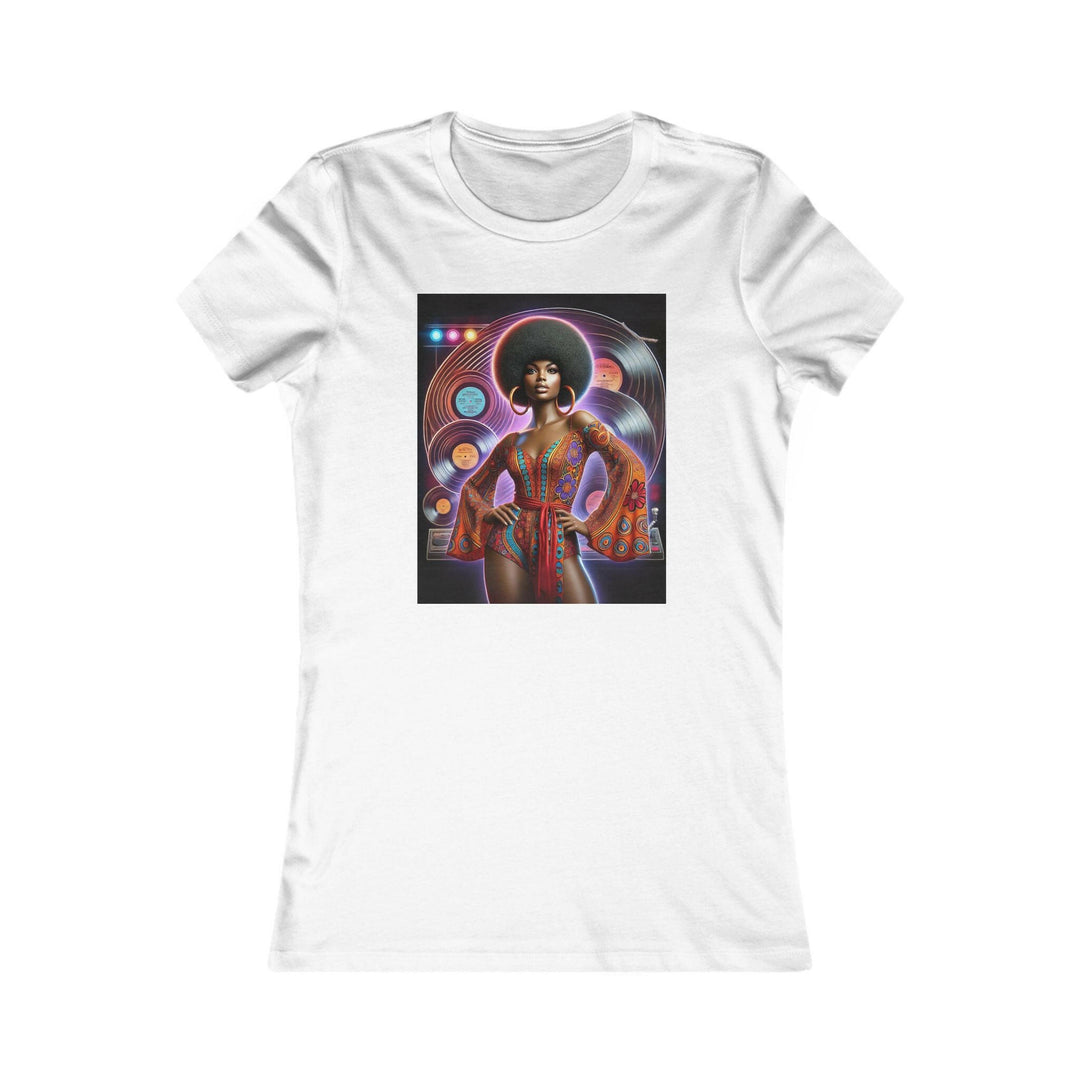 White T-shirt featuring a vibrant, retro-inspired illustration of a stylish woman in disco attire. Ideal for lovers of vintage style and Afrocentric fashion.