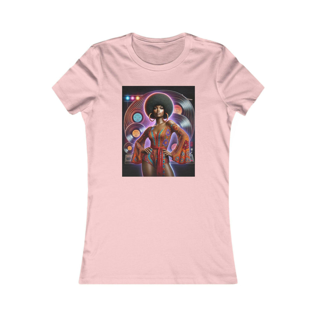 Pink T-shirt featuring a vibrant, retro-inspired illustration of a stylish woman in disco attire. Ideal for lovers of vintage style and Afrocentric fashion.