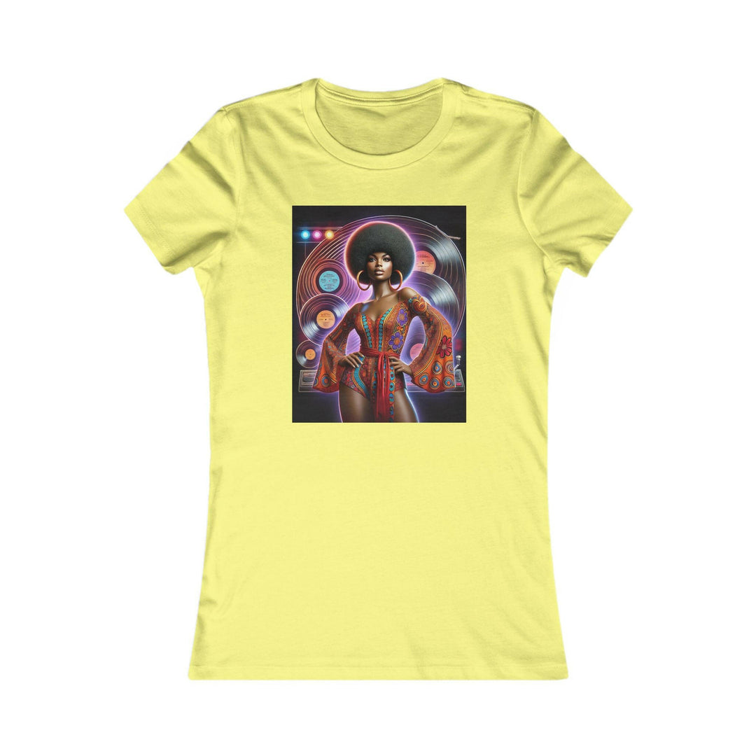 Yellow T-shirt featuring a vibrant, retro-inspired illustration of a stylish woman in disco attire. Ideal for lovers of vintage style and Afrocentric fashion.