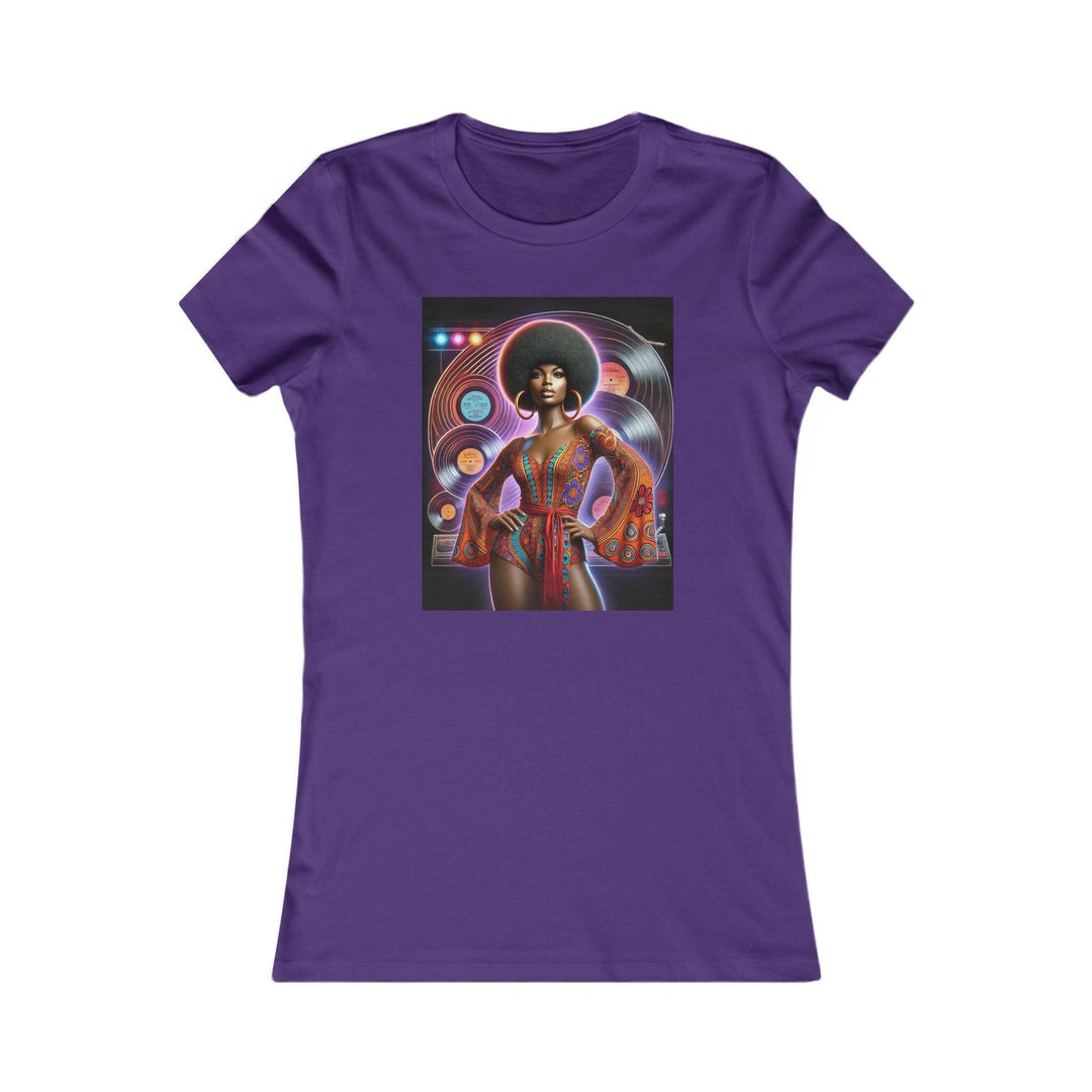 Purple T-shirt featuring a vibrant, retro-inspired illustration of a stylish woman in disco attire. Ideal for lovers of vintage style and Afrocentric fashion.