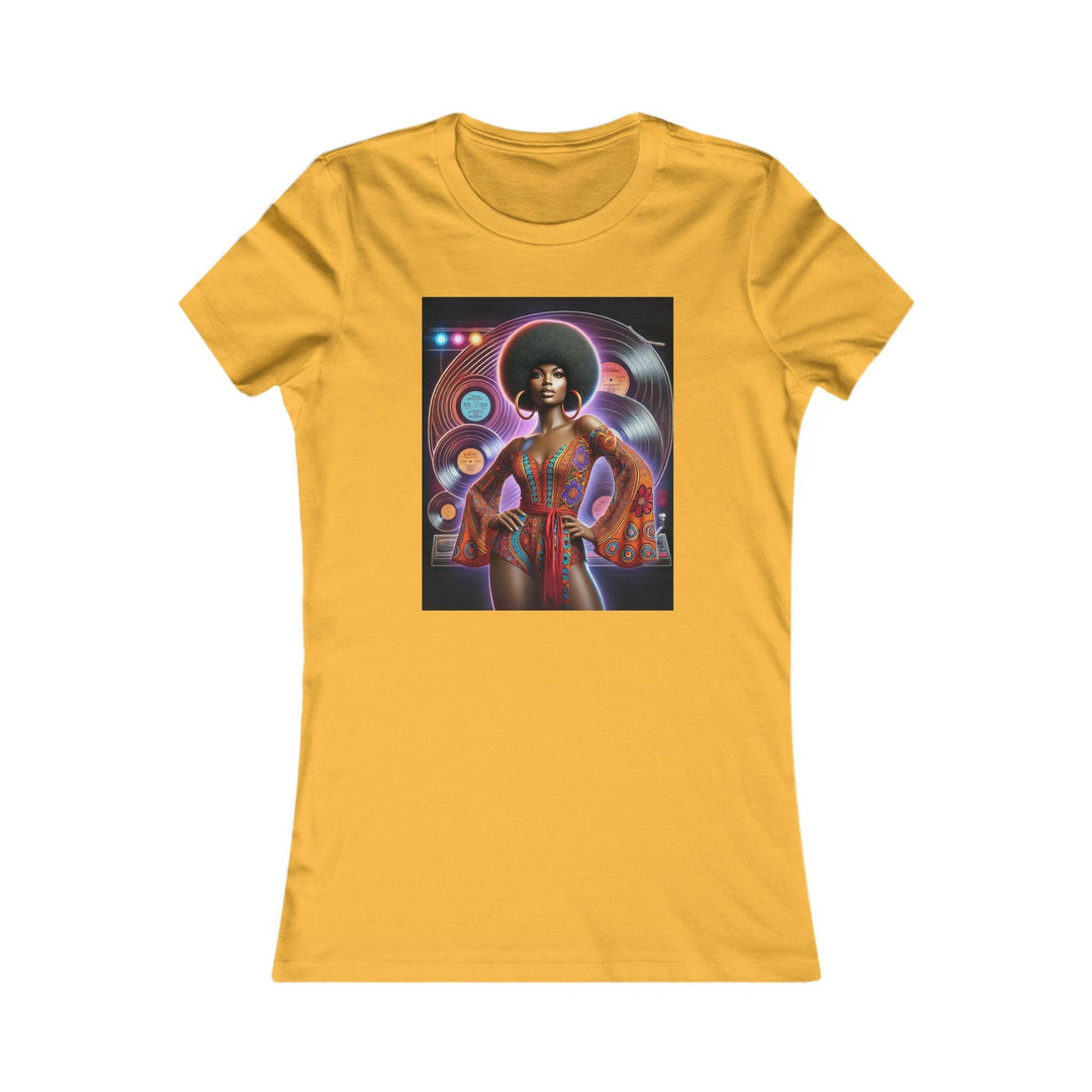 Gold T-shirt featuring a vibrant, retro-inspired illustration of a stylish woman in disco attire. Ideal for lovers of vintage style and Afrocentric fashion.