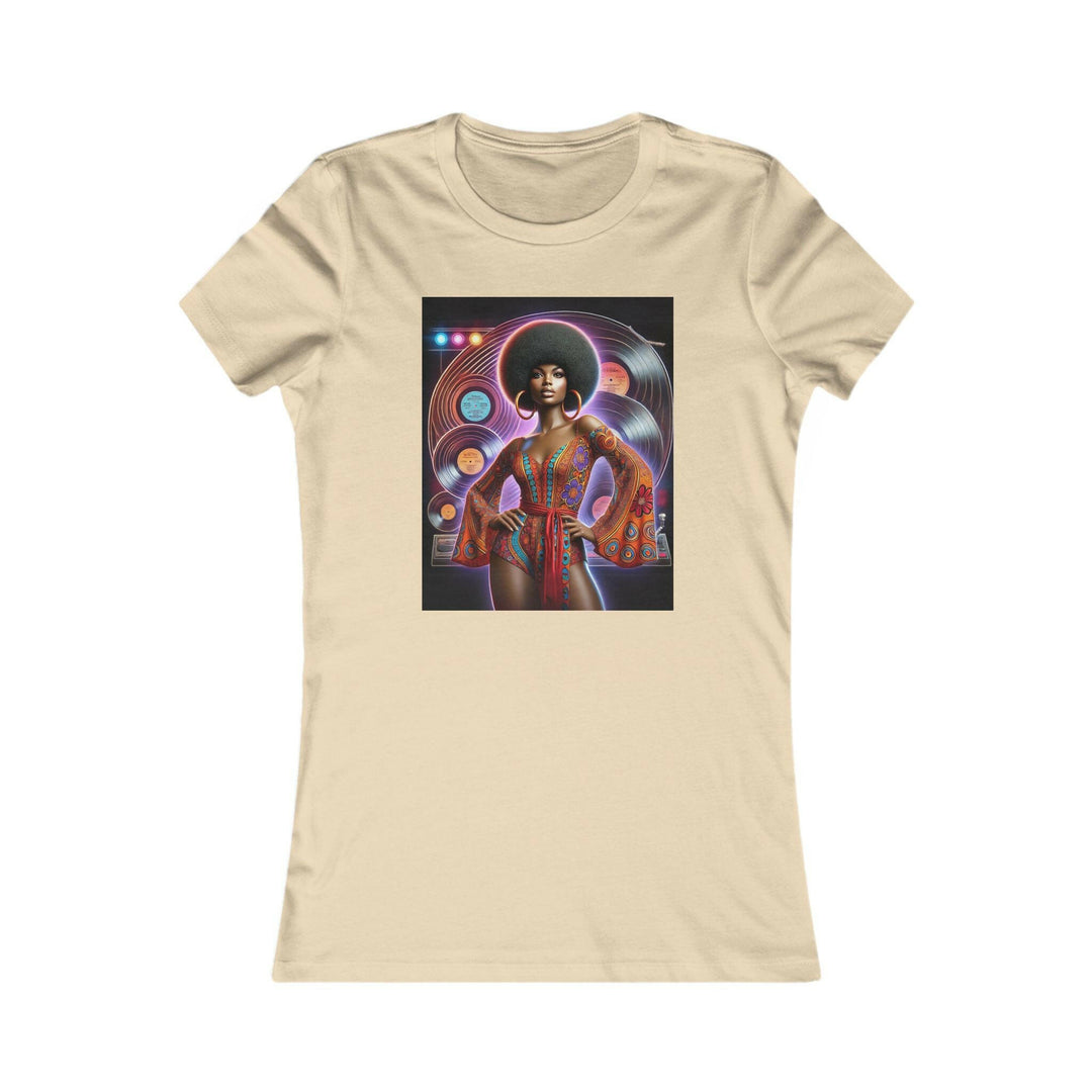 Soft Cream T-shirt featuring a vibrant, retro-inspired illustration of a stylish woman in disco attire. Ideal for lovers of vintage style and Afrocentric fashion.