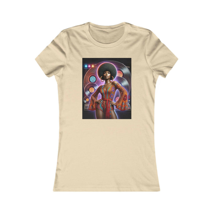 Soft Cream T-shirt featuring a vibrant, retro-inspired illustration of a stylish woman in disco attire. Ideal for lovers of vintage style and Afrocentric fashion.