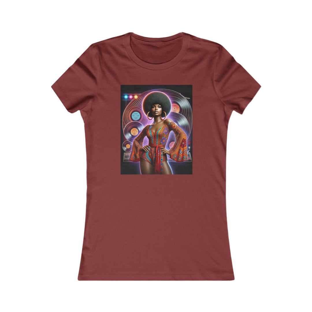 Cardinal Red T-shirt featuring a vibrant, retro-inspired illustration of a stylish woman in disco attire. Ideal for lovers of vintage style and Afrocentric fashion.