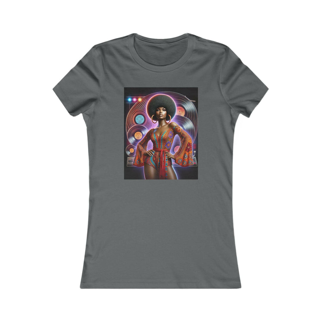 Asphalt Grey T-shirt featuring a vibrant, retro-inspired illustration of a stylish woman in disco attire. Ideal for lovers of vintage style and Afrocentric fashion.