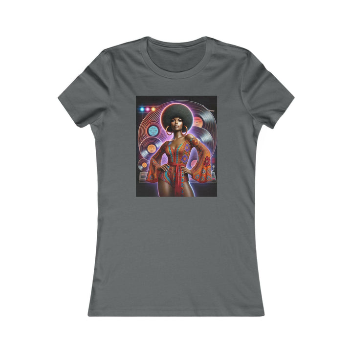 Asphalt Grey T-shirt featuring a vibrant, retro-inspired illustration of a stylish woman in disco attire. Ideal for lovers of vintage style and Afrocentric fashion.