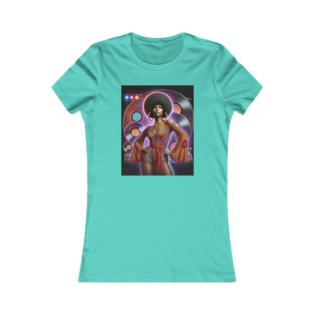 Teal T-shirt featuring a vibrant, retro-inspired illustration of a stylish woman in disco attire. Ideal for lovers of vintage style and Afrocentric fashion.