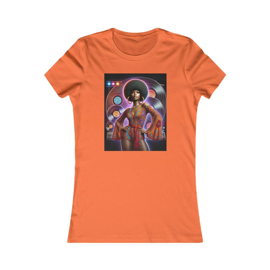 Orange T-shirt featuring a vibrant, retro-inspired illustration of a stylish woman in disco attire. Ideal for lovers of vintage style and Afrocentric fashion.