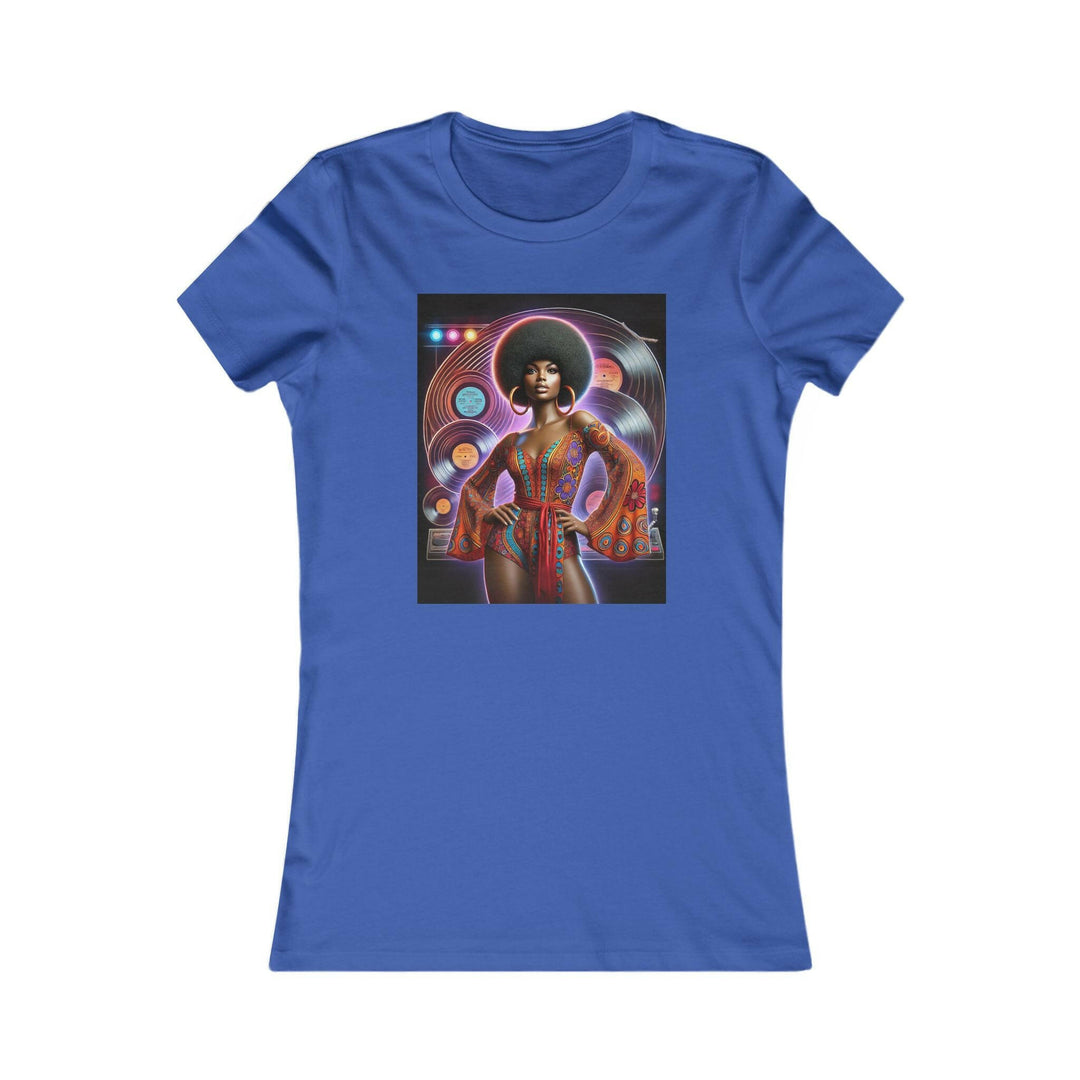 Royal Blue T-shirt featuring a vibrant, retro-inspired illustration of a stylish woman in disco attire. Ideal for lovers of vintage style and Afrocentric fashion.