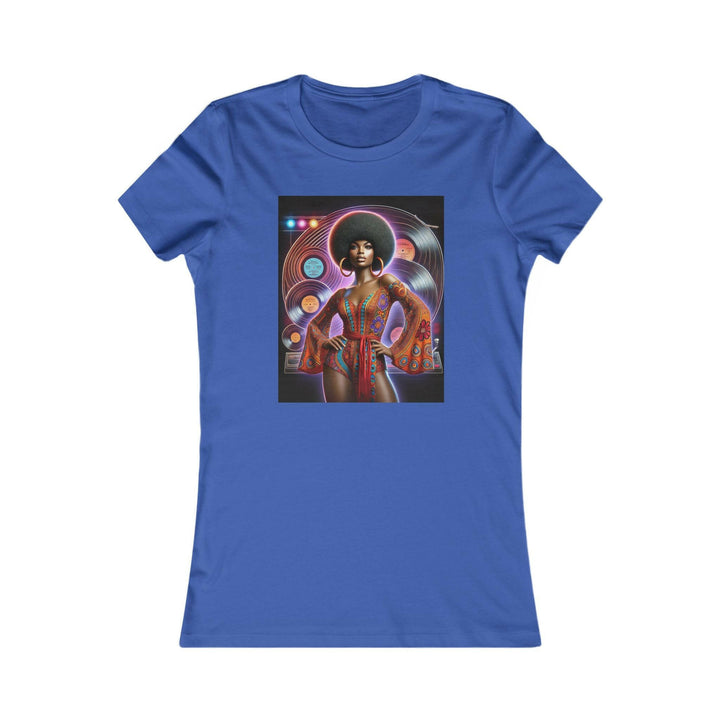 Royal Blue T-shirt featuring a vibrant, retro-inspired illustration of a stylish woman in disco attire. Ideal for lovers of vintage style and Afrocentric fashion.