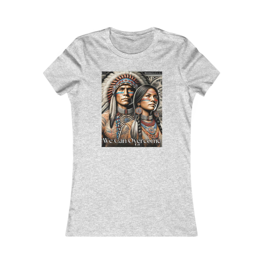 Sport Grey T-shirt with a striking illustration of a Native American man and woman, titled 'We Can Overcome.' A tribute to heritage and cultural pride.