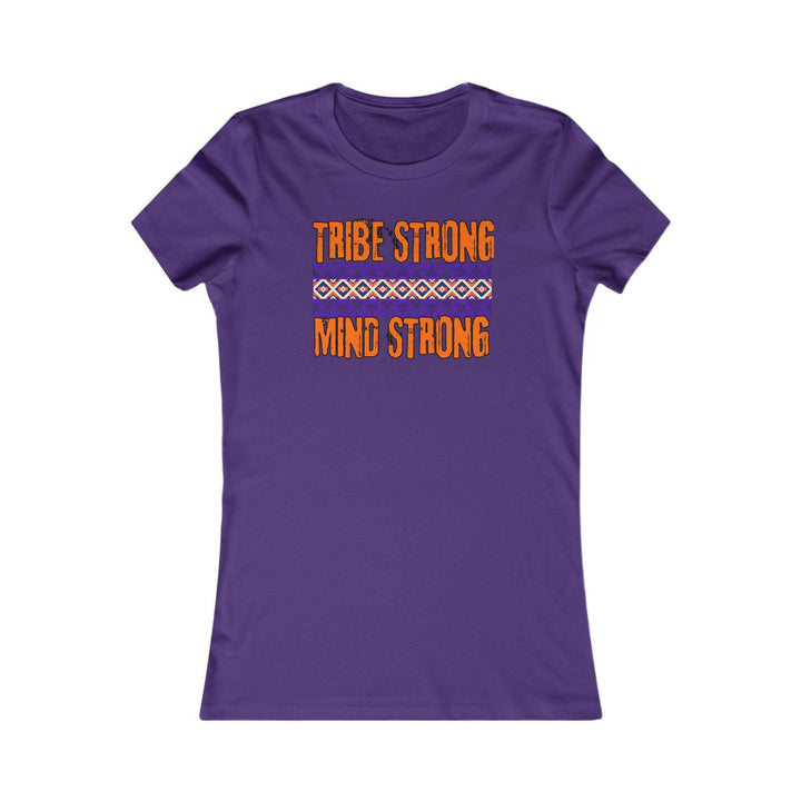 Purple T-shirt with the phrase 'Tribe Strong, Mind Strong' and a vibrant tribal pattern. Celebrates unity, resilience, and cultural identity.