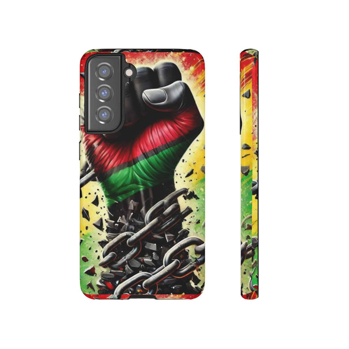 Black Pan-African fist phone case with chains breaking free, symbolizing strength and liberation. Durable and stylish for cultural expression.