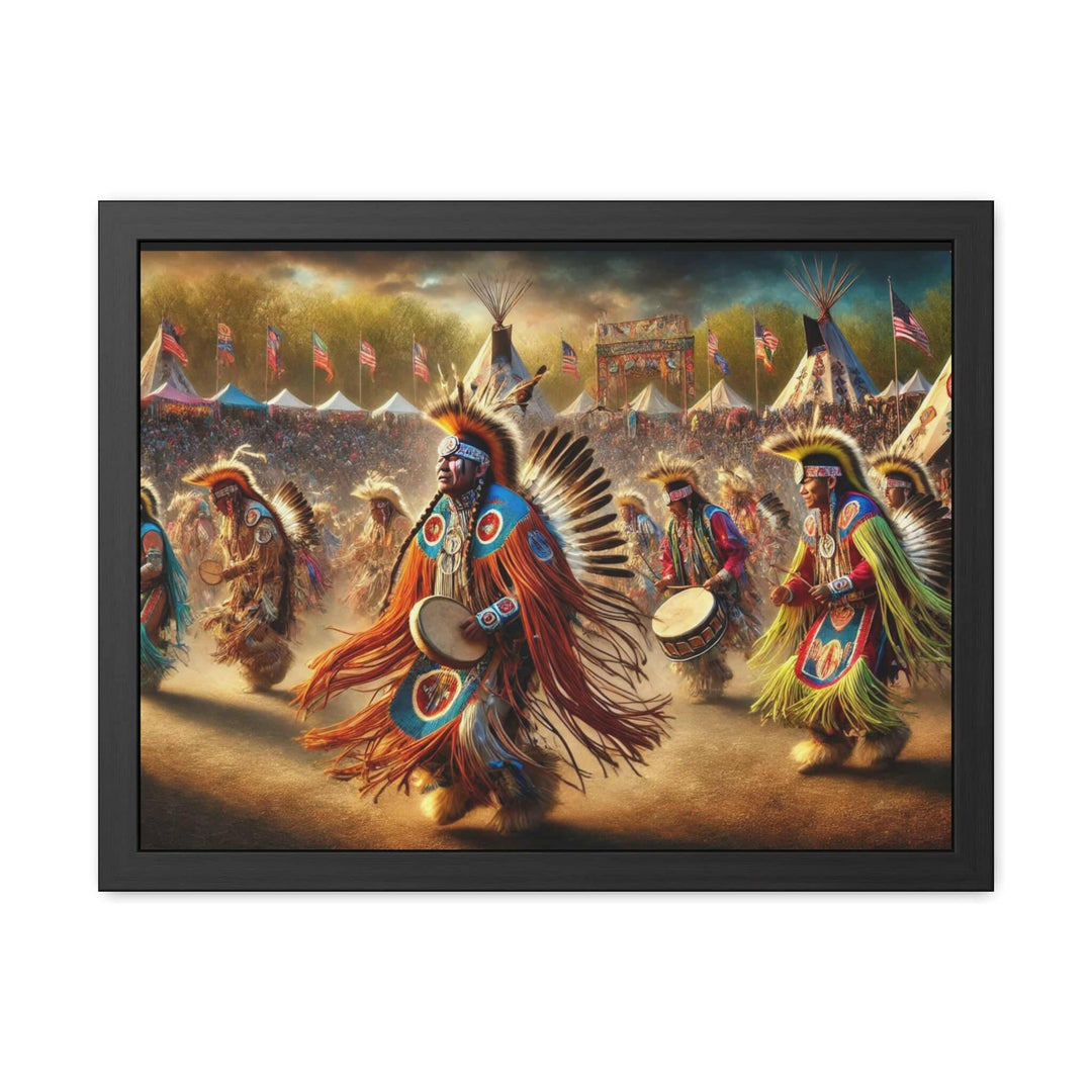 A vibrant framed artwork capturing the energy and colors of a Native American powwow celebration, with dancers in traditional regalia.