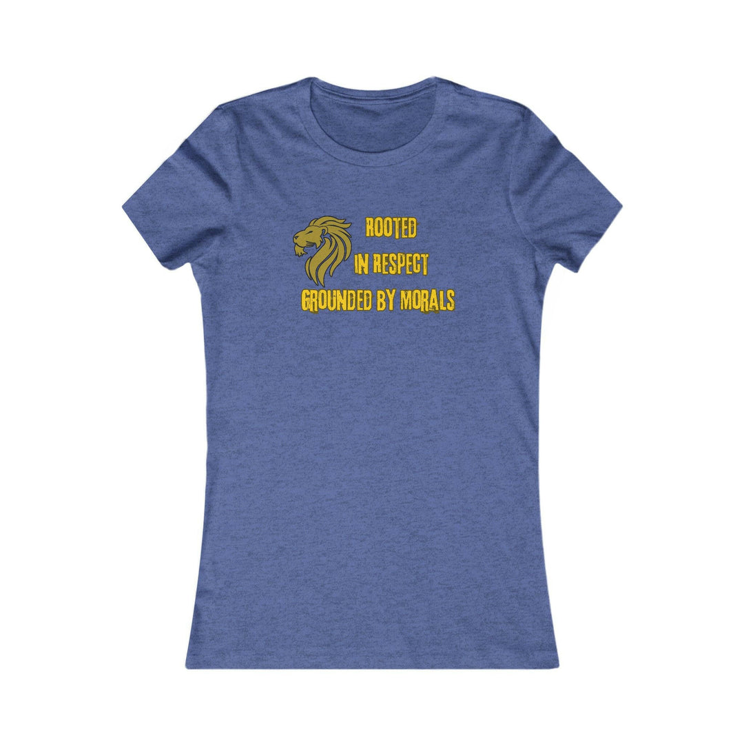 Heather True Royal Blue T-shirt with a golden lion symbol and the powerful phrase 'Rooted in Respect, Grounded by Morals.' Perfect for expressing values of strength, integrity, and pride.