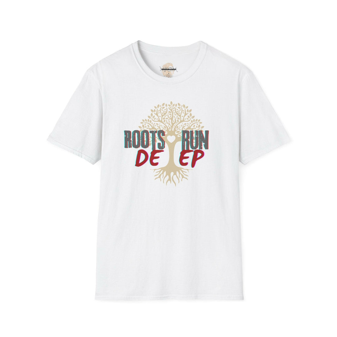 T-shirt with roots run deep graphic, fashionable apparel