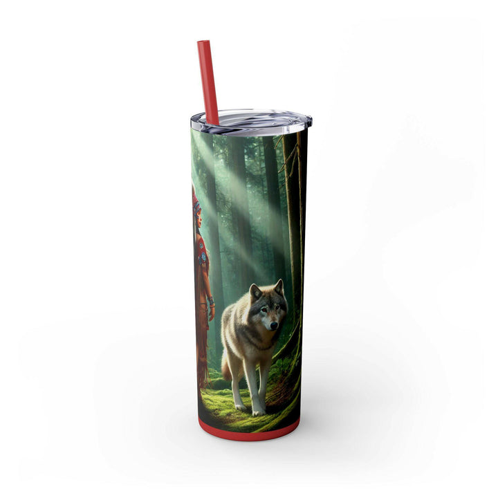 Stainless steel tumbler featuring a striking image of a Native American warrior in traditional regalia with a young child, set against a glowing green forest background. Perfect for honoring heritage and resilience.