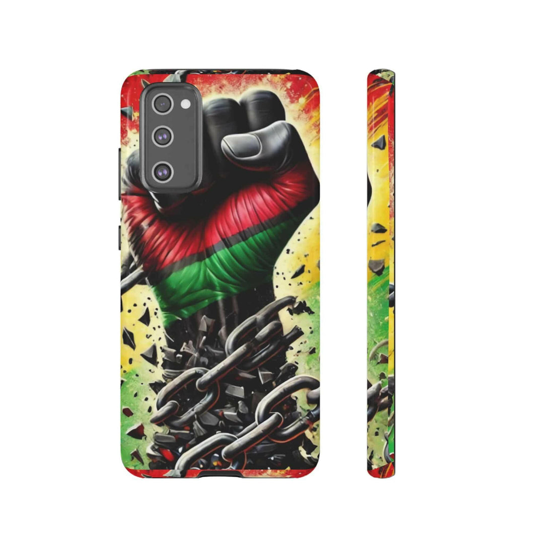 Black Pan-African fist phone case with chains breaking free, symbolizing strength and liberation. Durable and stylish for cultural expression.