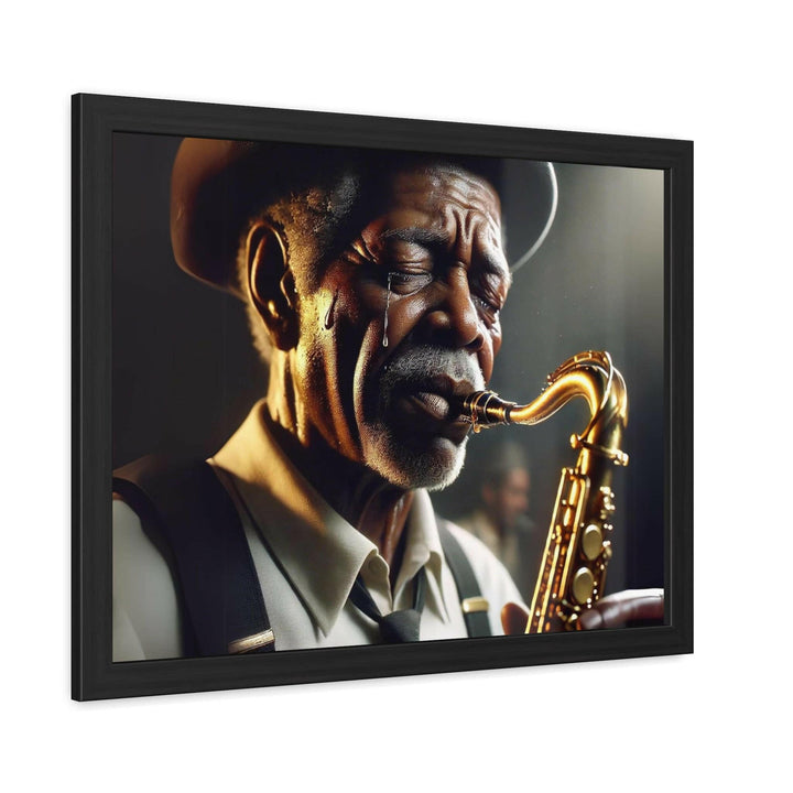 A soulful framed artwork of an elderly jazz musician playing the saxophone, evoking deep emotions through the depiction of music and expression.