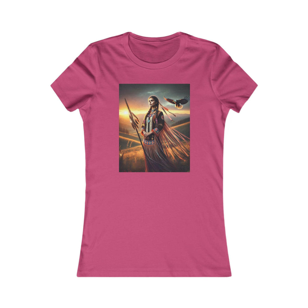 Berry T-shirt featuring an illustration of a Native American warrior woman with a spear, set against a dramatic sunset. Represents strength, heritage, and cultural pride.