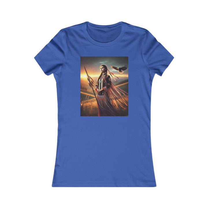 Royal Blue T-shirt featuring an illustration of a Native American warrior woman with a spear, set against a dramatic sunset. Represents strength, heritage, and cultural pride.