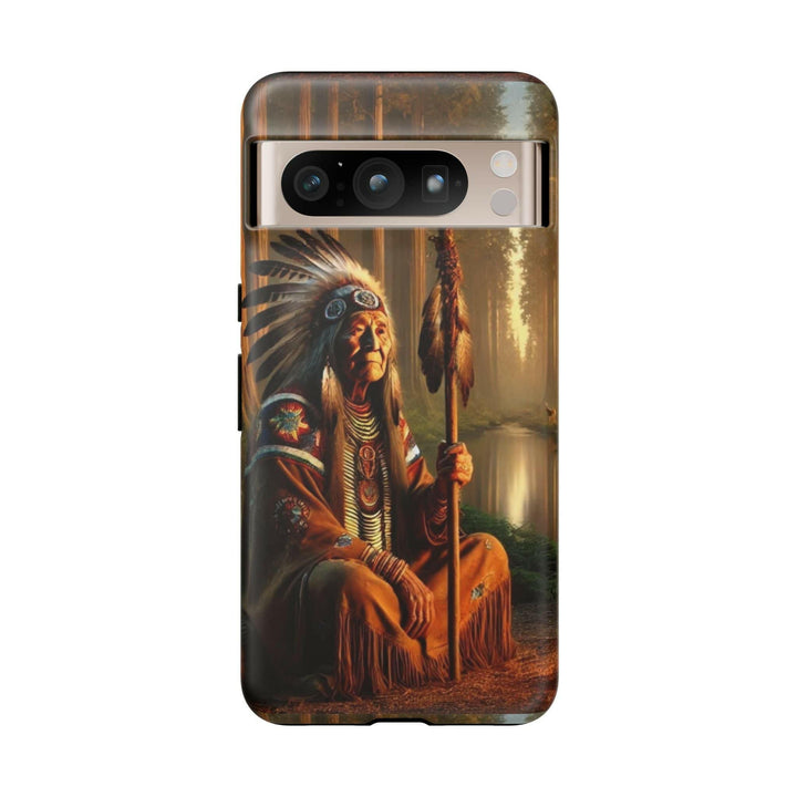 Phone case featuring a serene Native American elder holding a staff by a tranquil river. Detailed art for heritage appreciation.