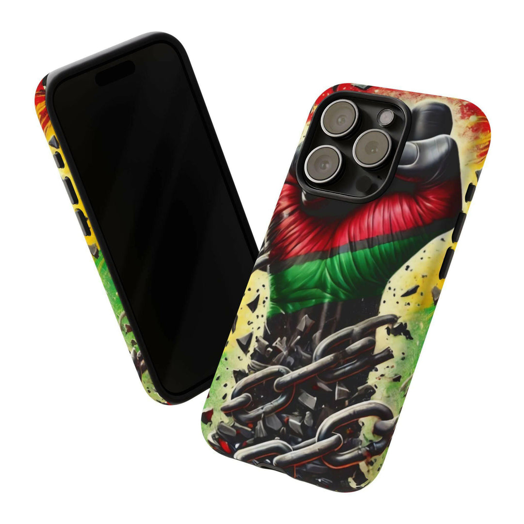 Black Pan-African fist phone case with chains breaking free, symbolizing strength and liberation. Durable and stylish for cultural expression.