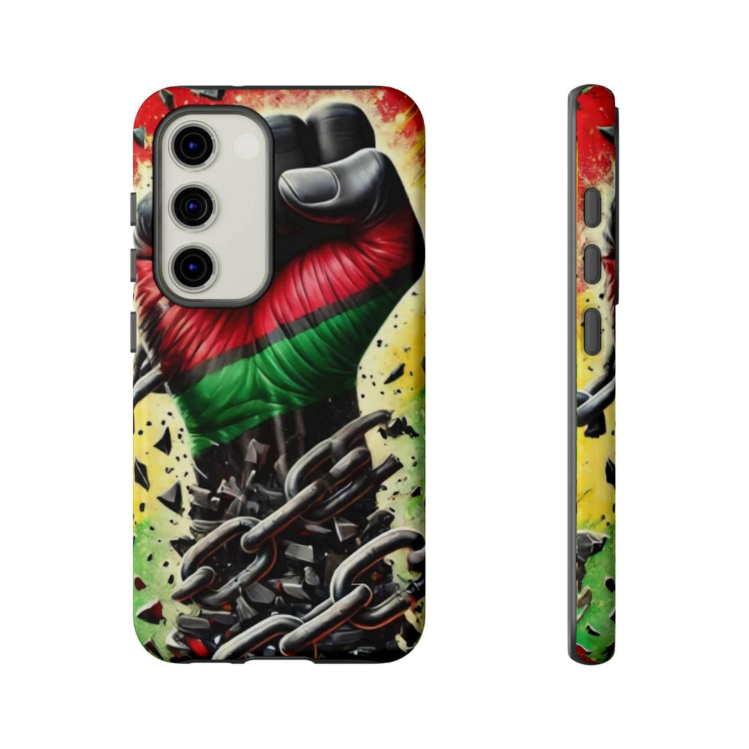 Black Pan-African fist phone case with chains breaking free, symbolizing strength and liberation. Durable and stylish for cultural expression.