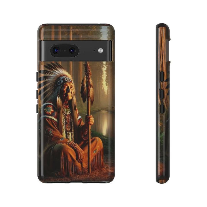 Phone case featuring a serene Native American elder holding a staff by a tranquil river. Detailed art for heritage appreciation.